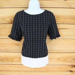 ELLE Knit Top Boat Neck Womens Sz S Black Check Poly Blend Short Ruffled Sleeves
